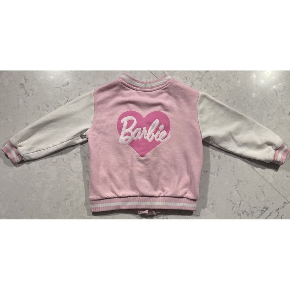 Barbie Varsity Jacket Girls 5T/6 Pink White Button Front Fleece H&M Sweatshirt